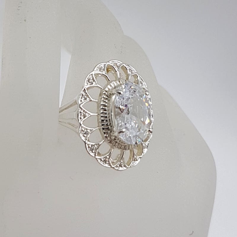 Sterling Silver Large Oval Ornate Twist Design Cubic Zirconia Ring
