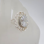 Sterling Silver Large Oval Ornate Twist Design Cubic Zirconia Ring
