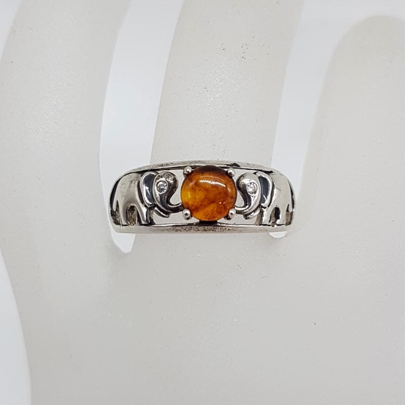 Sterling Silver Natural Amber Lucky Elephant Motif Ring