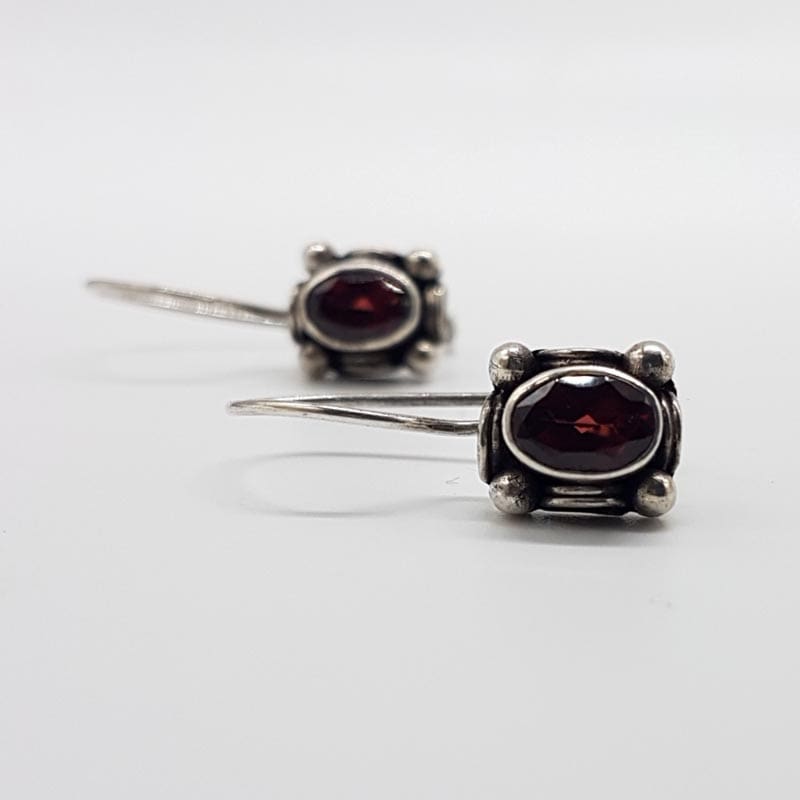 Sterling Silver Oval Garnet Ornate Earrings