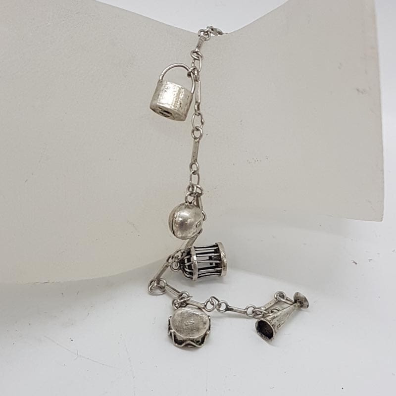 800 Silver Fine 7 Charms Bracelet - Vintage / Antique - Includes Birdcage and Drum Charm