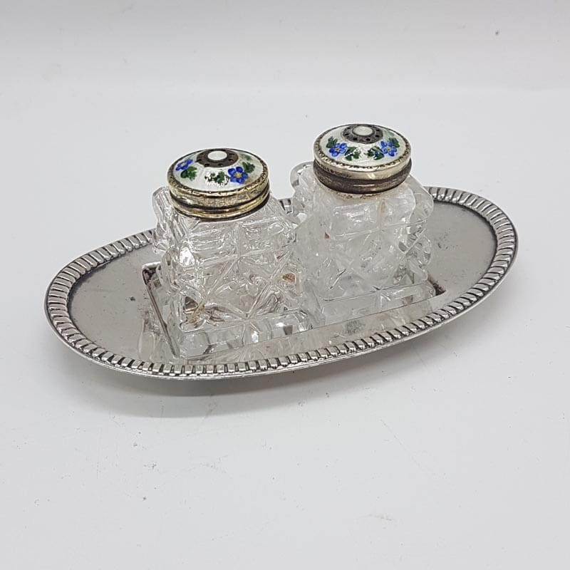 Sterling Silver with Guilloche Enamel Norway Floral Tops Salt and Pepper Cruet Set on EPNS Tray - Vintage / Antique