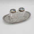 Sterling Silver with Guilloche Enamel Norway Floral Tops Salt and Pepper Cruet Set on EPNS Tray - Vintage / Antique