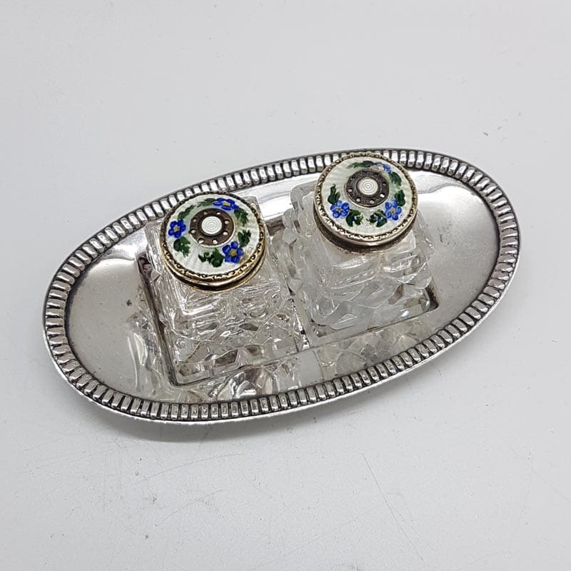 Sterling Silver with Guilloche Enamel Norway Floral Tops Salt and Pepper Cruet Set on EPNS Tray - Vintage / Antique