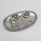 Sterling Silver with Guilloche Enamel Norway Floral Tops Salt and Pepper Cruet Set on EPNS Tray - Vintage / Antique
