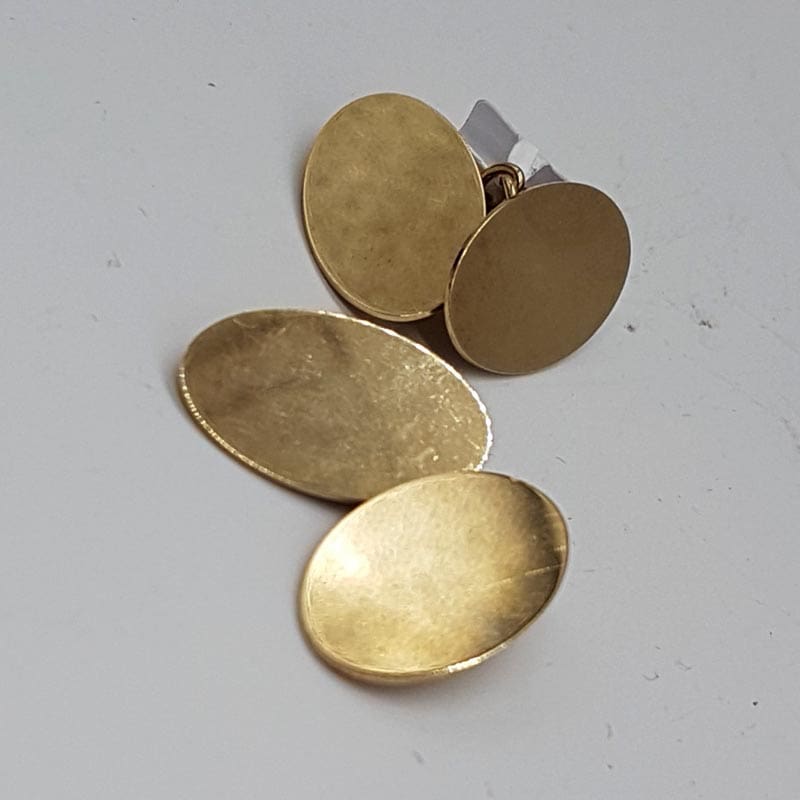 9ct Yellow Gold Plain Oval Cufflinks - Antique / Vintage