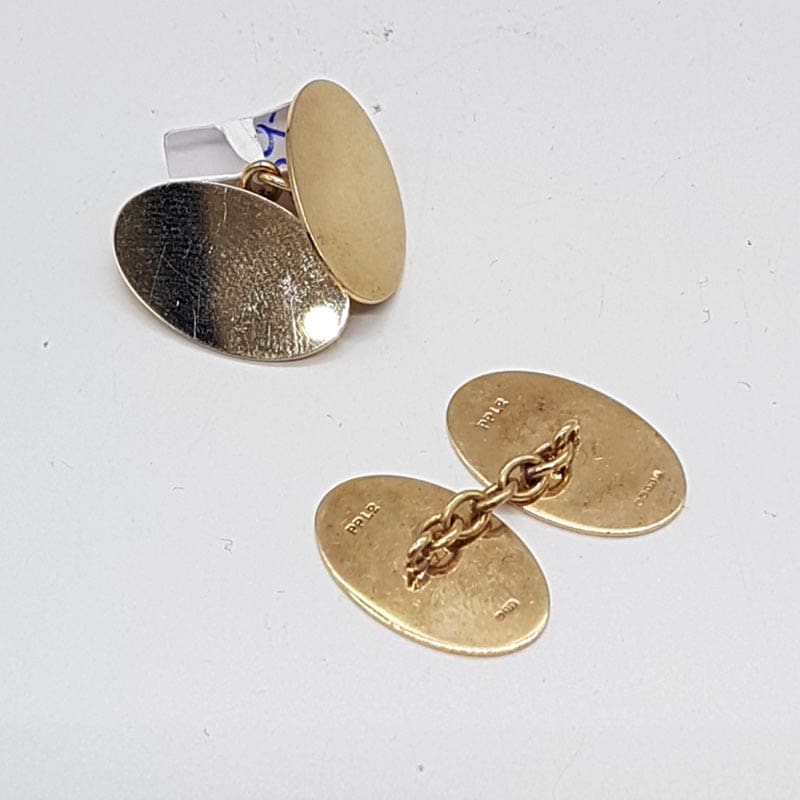 9ct Yellow Gold Plain Oval Cufflinks - Antique / Vintage