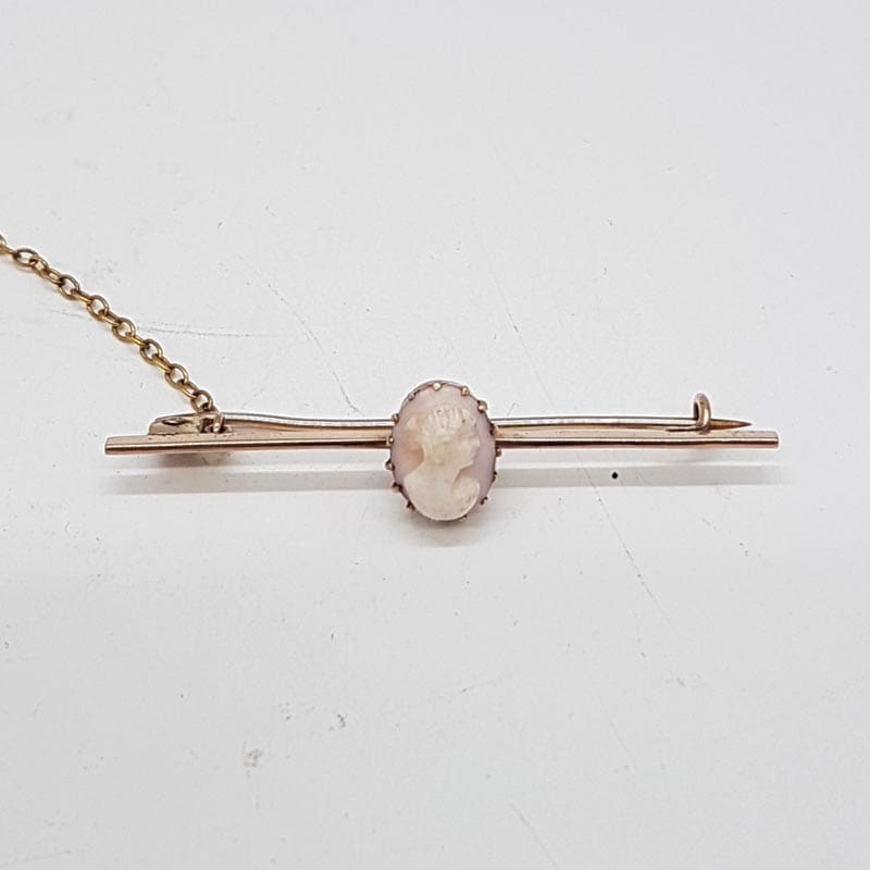 9ct Rose Gold Oval Pink Ladies Head Cameo on Bar Brooch - Antique / Vintage