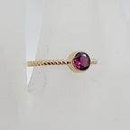 9ct Yellow Gold Rhodolite Garnet Round Bezel Set Twisted Open Band Ring - Stackable