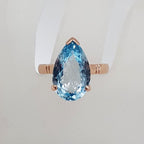 9ct Rose Gold Blue Topaz Large Claw Set Teardrop / Pear Shape Ring