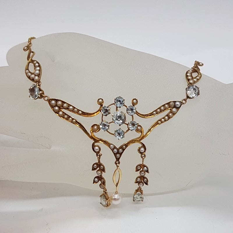 15ct Yellow Gold Aquamarine and Seed Pearl Ornate Lavalier Ornate Drop Necklace / Chain - Antique / Vintage