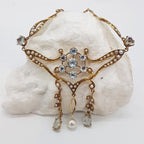 15ct Yellow Gold Aquamarine and Seed Pearl Ornate Lavalier Ornate Drop Necklace / Chain - Antique / Vintage