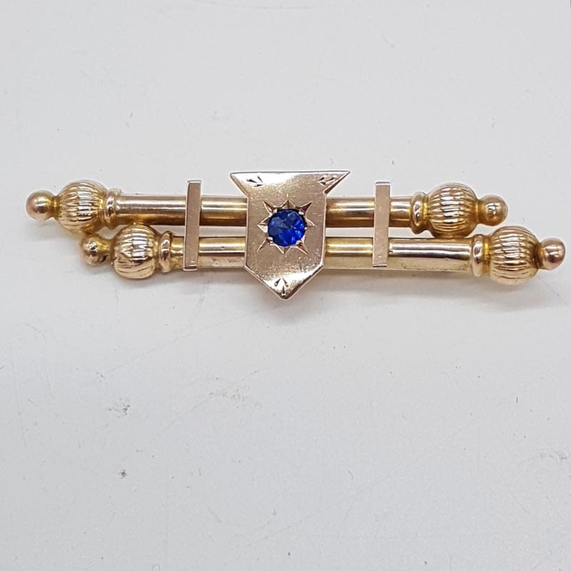 9ct Yellow Gold Blue Shield Bar Brooch - Antique / Vintage - Mackay &amp; Co.
