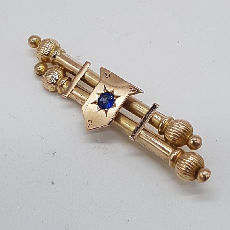 9ct Yellow Gold Blue Shield Bar Brooch - Antique / Vintage - Mackay &amp; Co.