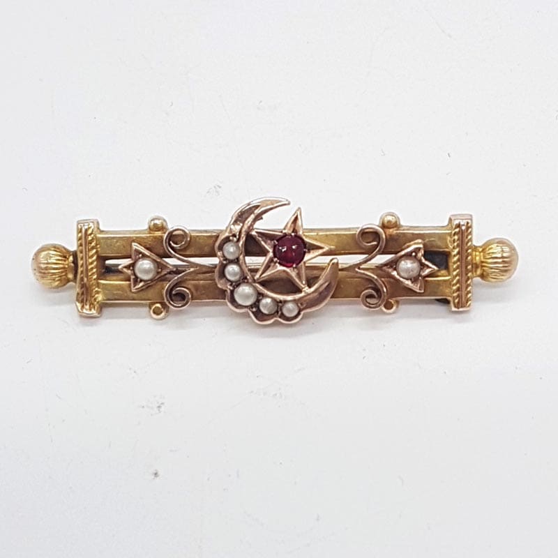 9ct Yellow Gold Seed Pearl with Garnet Star and Crescent Bar Brooch - Mackay &amp; Co - Antique / Vintage