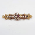 9ct Yellow Gold Seed Pearl with Garnet Star and Crescent Bar Brooch - Mackay &amp; Co - Antique / Vintage