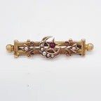 9ct Yellow Gold Seed Pearl with Garnet Star and Crescent Bar Brooch - Mackay &amp; Co - Antique / Vintage