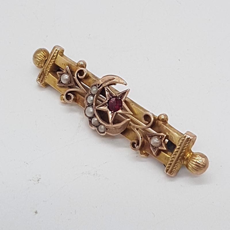 9ct Yellow Gold Seed Pearl with Garnet Star and Crescent Bar Brooch - Mackay &amp; Co - Antique / Vintage