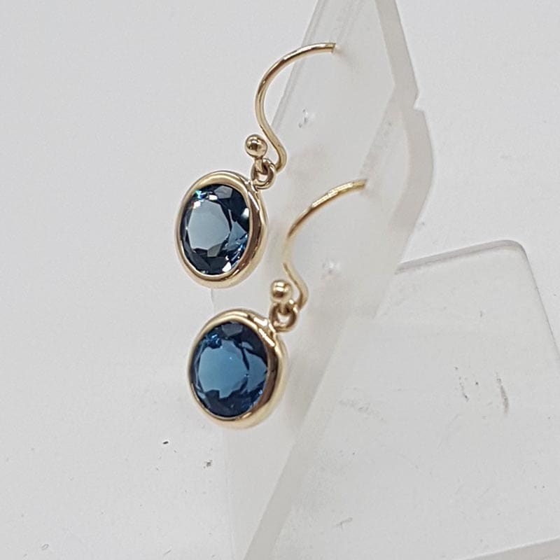 9ct Yellow Gold London Blue Topaz Round Bezel Set Drop Earrings