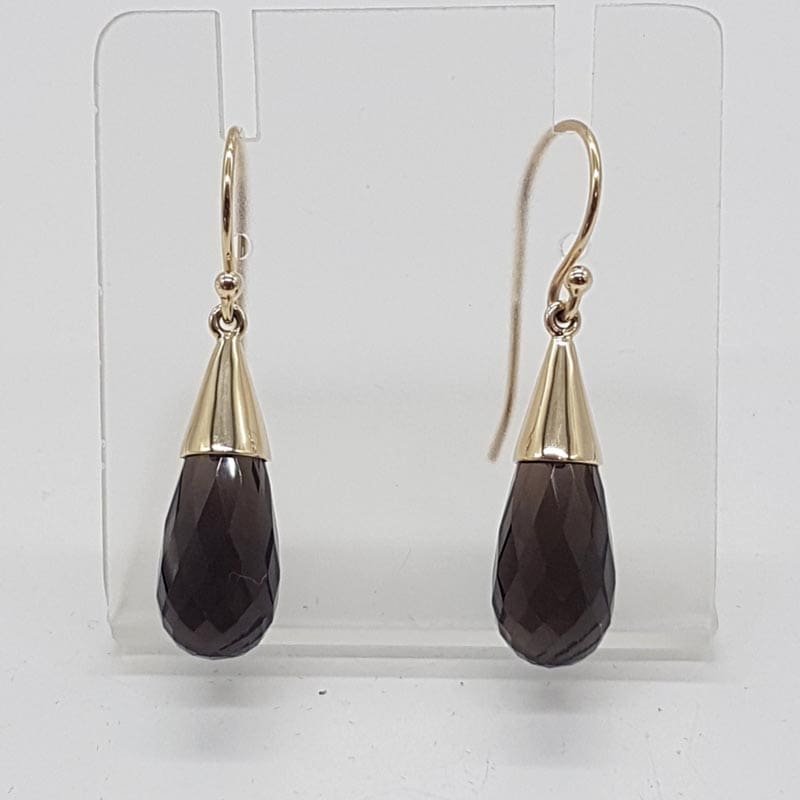 9ct Yellow Gold Smokey Quartz Teardrop / Pear Shape in Cone Drop Earrings