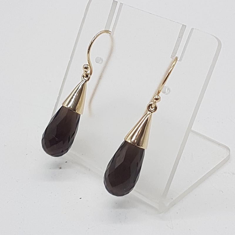 9ct Yellow Gold Smokey Quartz Teardrop / Pear Shape in Cone Drop Earrings