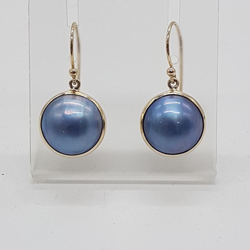 9ct Yellow Gold Grey / Black / Blue Mabe Pearl Round Bezel Set Drop Earrings