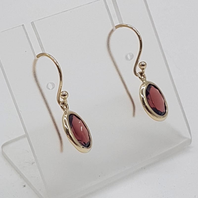9ct Yellow Gold Garnet Oval Bezel Set Drop Earrings