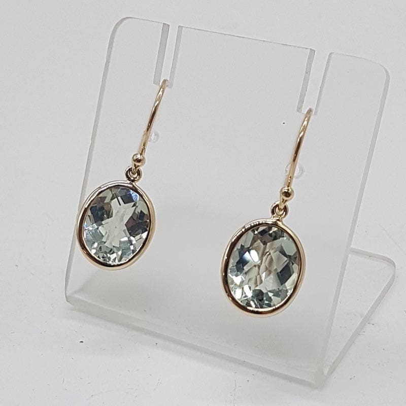 9ct Yellow Gold Green Amethyst / Prasiolite Oval Bezel Set Drop Earrings