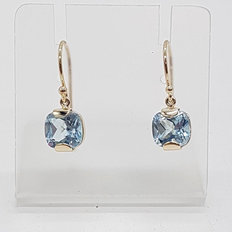 9ct Yellow Gold Square Blue Topaz Drop Earrings