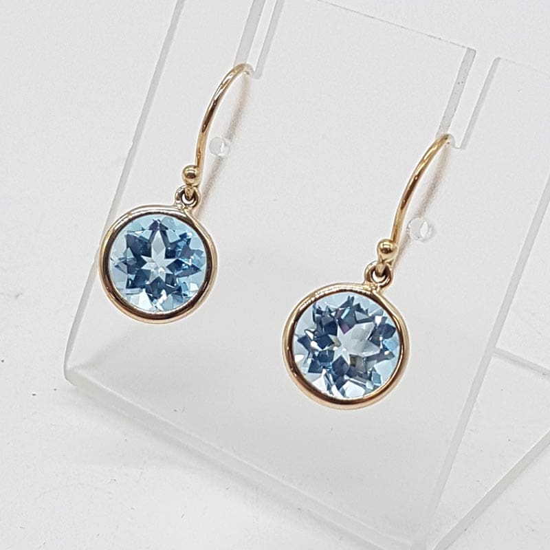 9ct Yellow Gold Topaz Round Bezel Set Drop Earrings