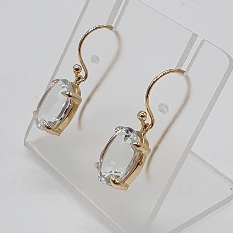 9ct Yellow Gold White Topaz Oval Claw Set Drop Earrings