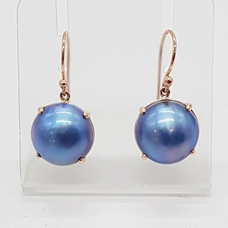 9ct Rose Gold Mabe Pearl Large Blue Black Claw Set Drop Earrings