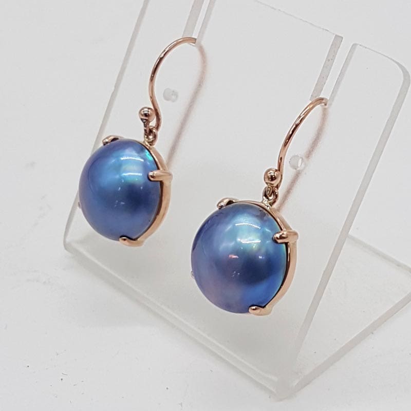 9ct Rose Gold Mabe Pearl Large Blue Black Claw Set Drop Earrings