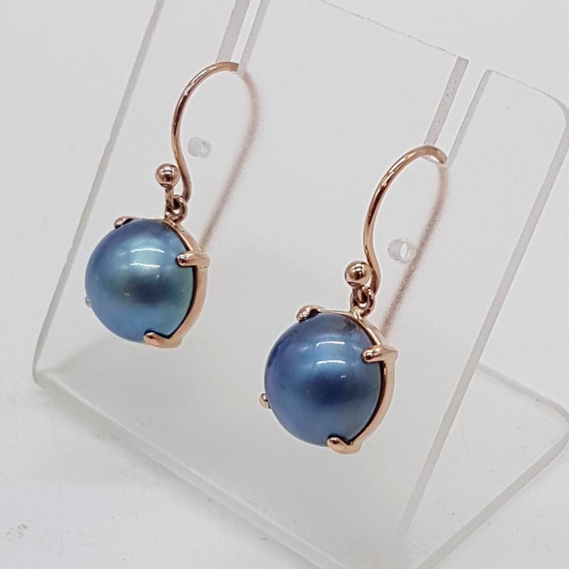 9ct Rose Gold Mabe Pearl Blue Black Claw Set Drop Earrings