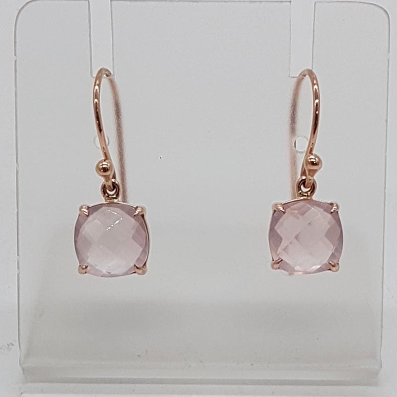 9ct Rose Gold Square Rose Quartz Claw Set Drop Earrings