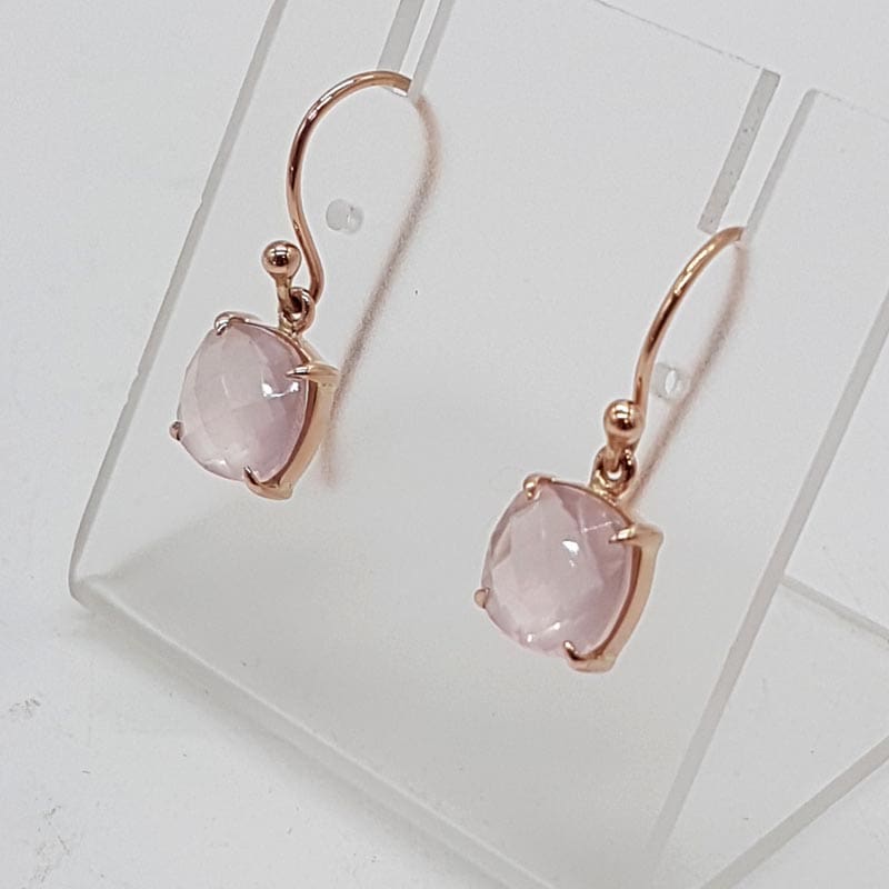 9ct Rose Gold Square Rose Quartz Claw Set Drop Earrings