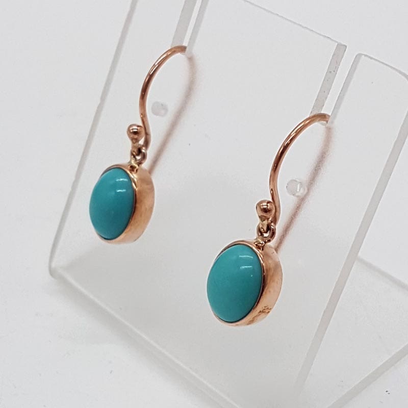 9ct Rose Gold Oval Natural Arizona Turquoise Bezel Set Drop Earrings