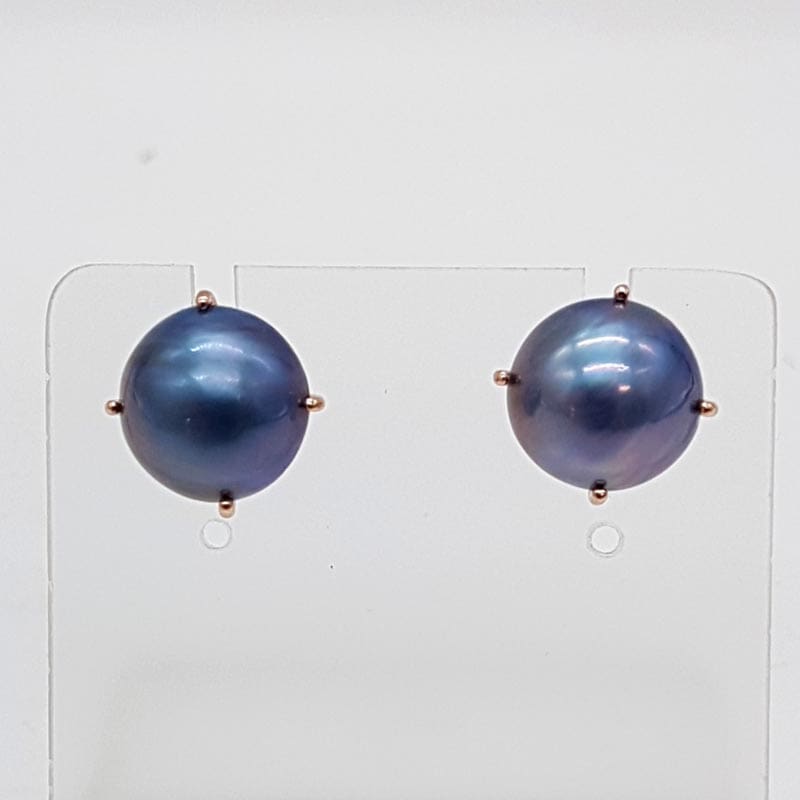 9ct Rose Gold Mabe Pearl Blue Black Claw Set Studs / Earrings