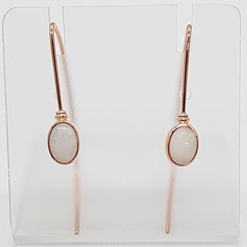 9ct Rose Gold Solid Opal White Bezel Set Long Drop Earrings - COOPER PEDY