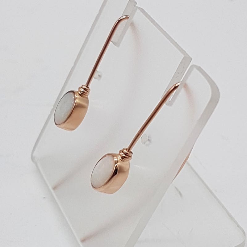 9ct Rose Gold Solid Opal White Bezel Set Long Drop Earrings - COOPER PEDY