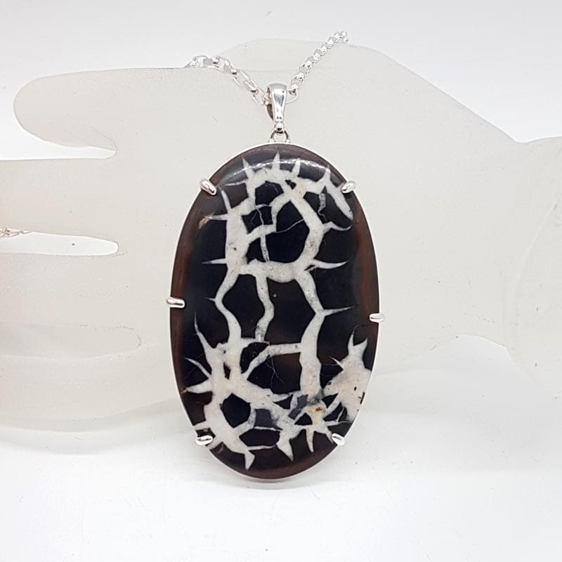 Sterling Silver Septarian Nodules / Dragon Stone Very Large Oval Pendant on Silver Chain