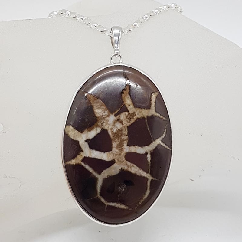Sterling Silver Septarian Nodules / Dragon Stone Large Oval Pendant on Silver Chain