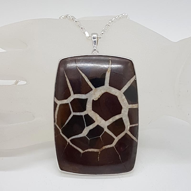 Sterling Silver Septarian Nodules / Dragon Stone Very Large Rectangular Pendant on Silver Chain
