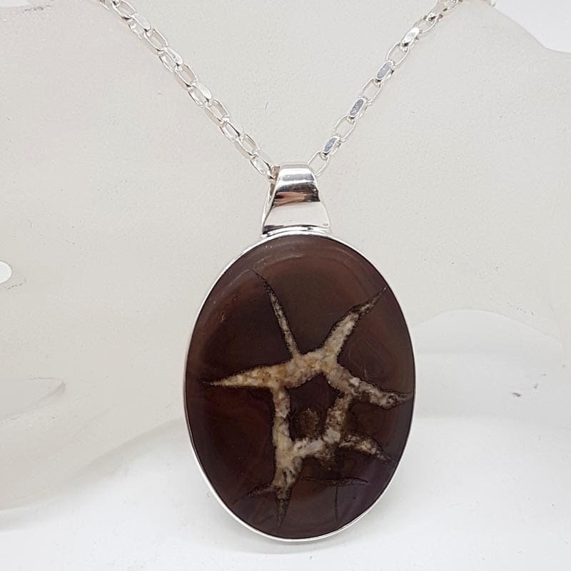 Sterling Silver Septarian Nodules / Dragon Stone Large Oval Pendant on Silver Chain
