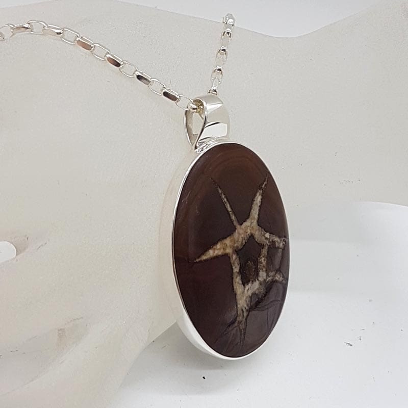 Sterling Silver Septarian Nodules / Dragon Stone Large Oval Pendant on Silver Chain
