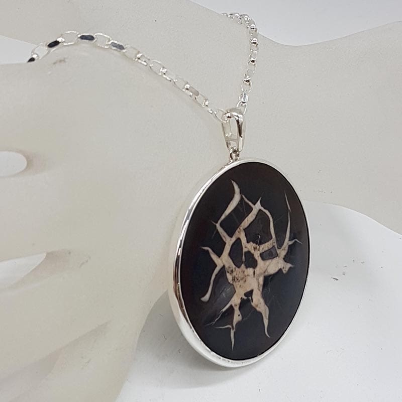 Sterling Silver Septarian Nodules / Dragon Stone Very Large Round Pendant on Silver Chain