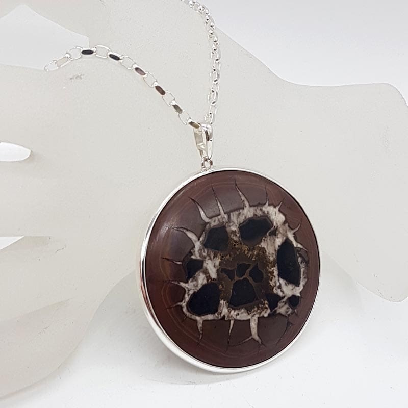 Sterling Silver Septarian Nodules / Dragon Stone Very Large Round Pendant on Silver Chain