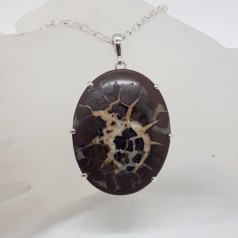 Sterling Silver Septarian Nodules / Dragon Stone Large Oval Pendant on Silver Chain