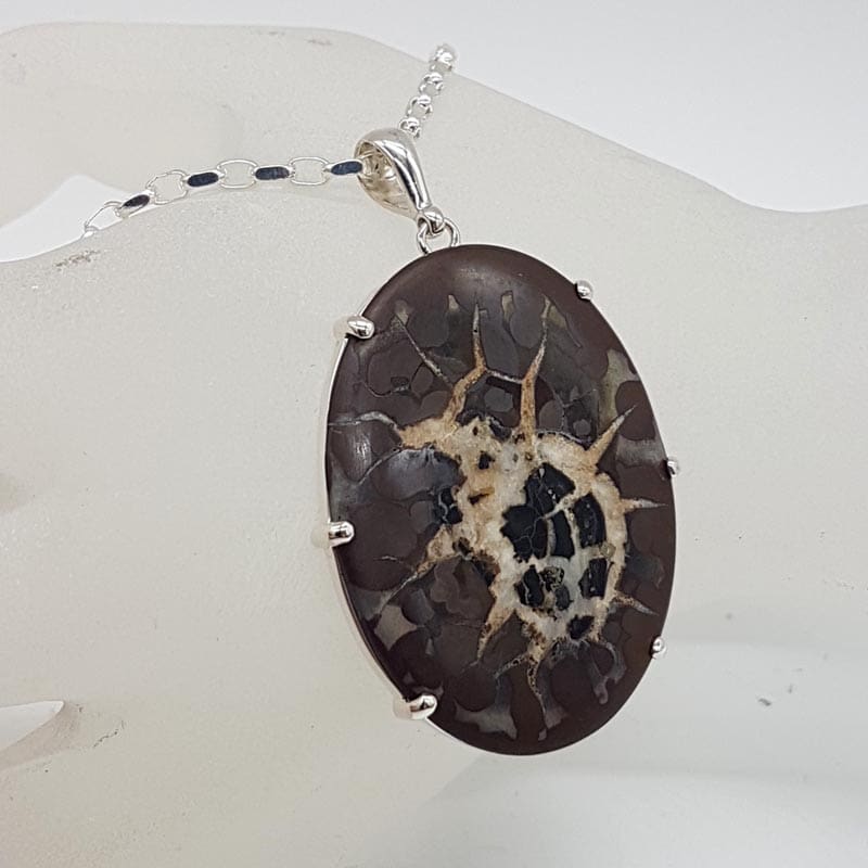 Sterling Silver Septarian Nodules / Dragon Stone Large Oval Pendant on Silver Chain
