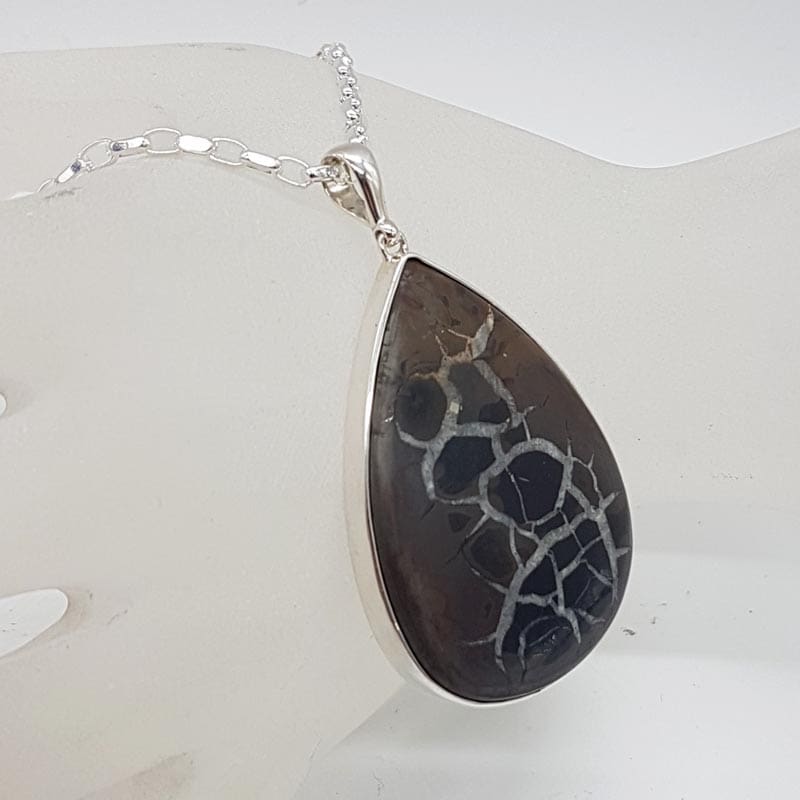 Sterling Silver Septarian Nodules / Dragon Stone Large Teardrop / Pear Shaped Pendant on Silver Chain